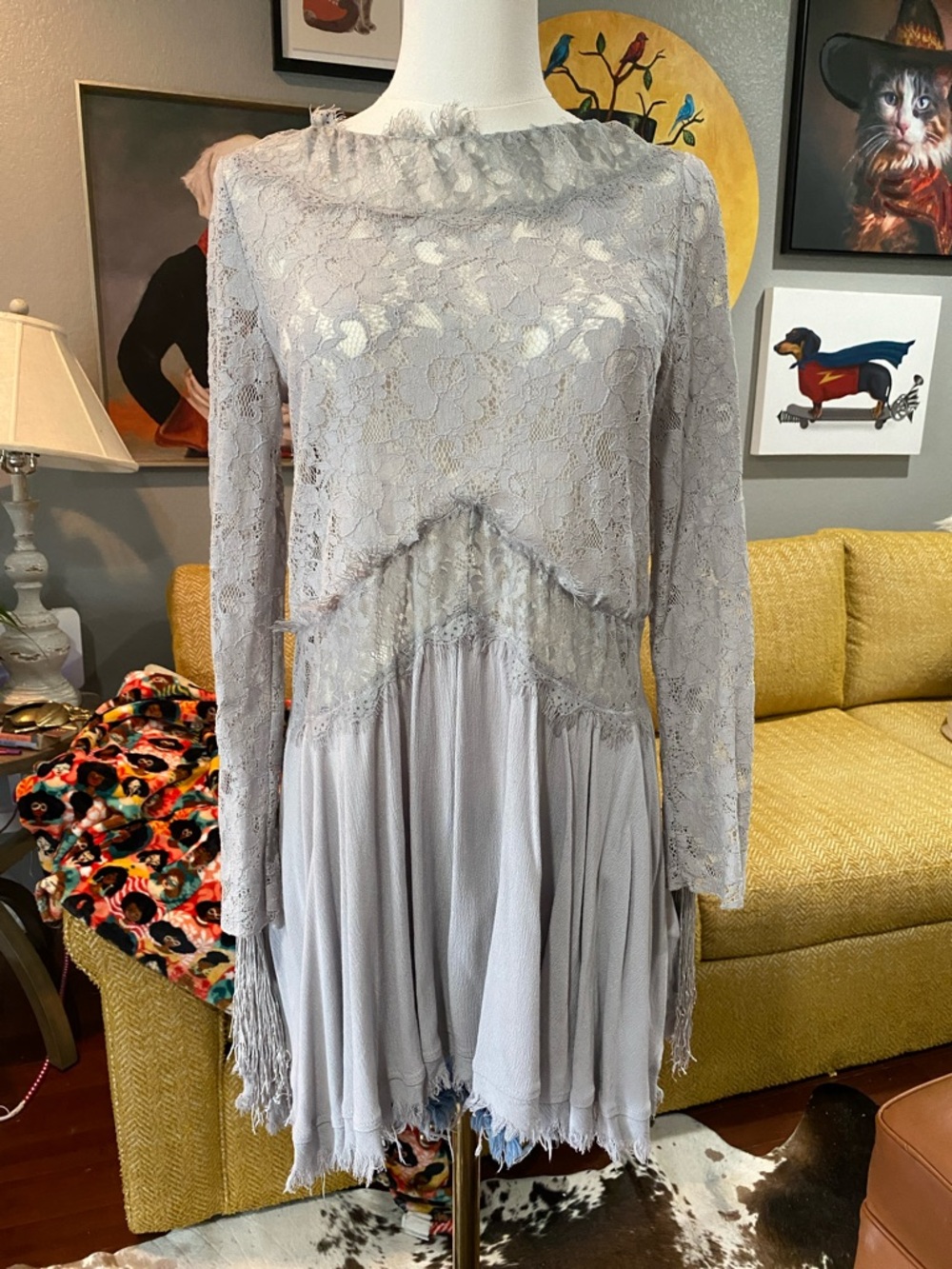Romantic Light Gray Lace Long-Sleeve Ruffle-Hem Dress